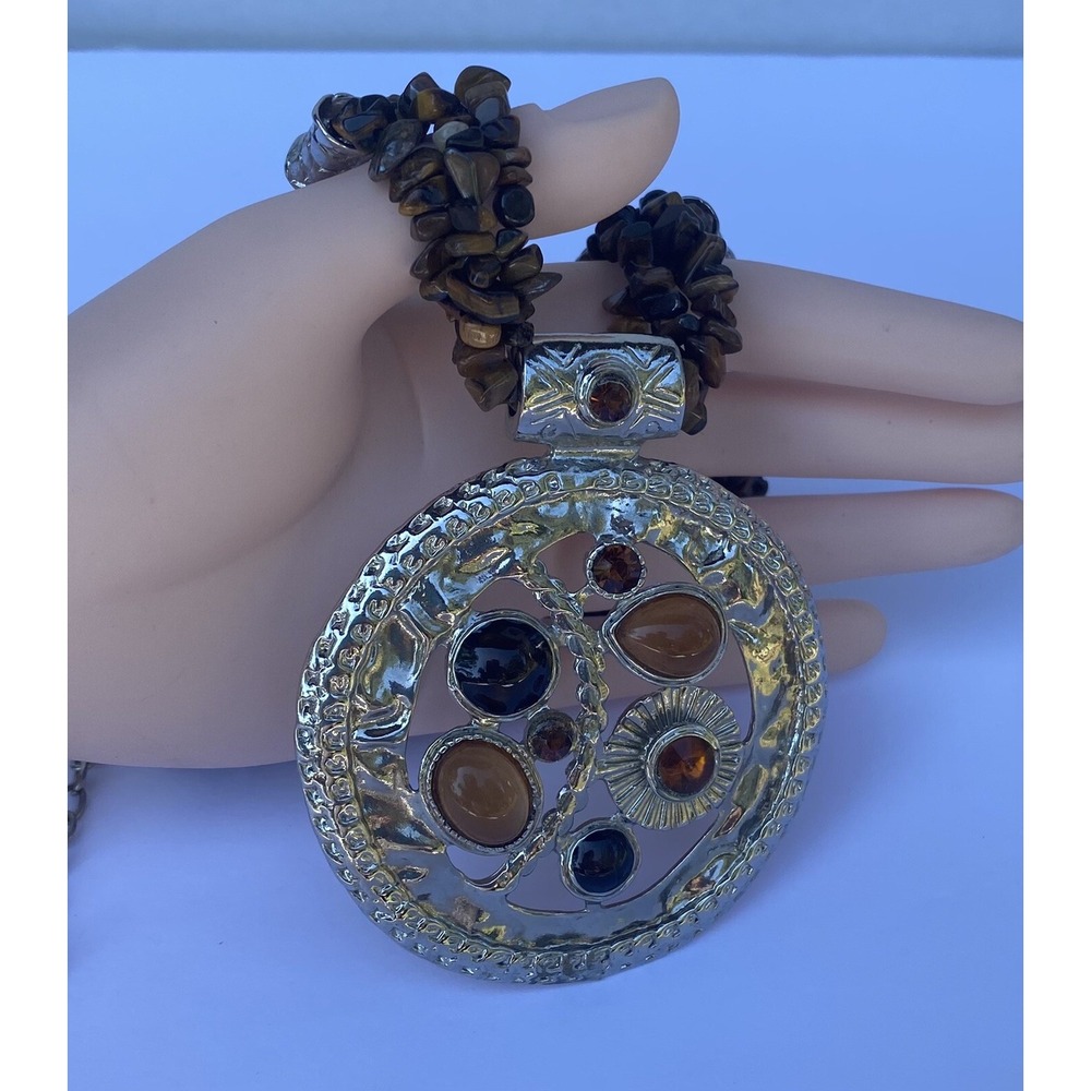Necklace big pendant brown tone silver tone 17" inches bohemian chic 3"‎ pendant - Picture 3 of 12